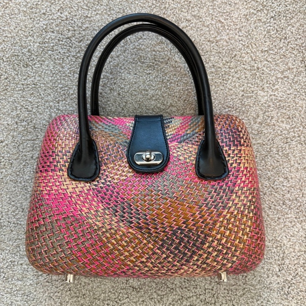 Le SAC Woven Straw Box Purse Womens Small Colorful Pink Structured Handbag Beach